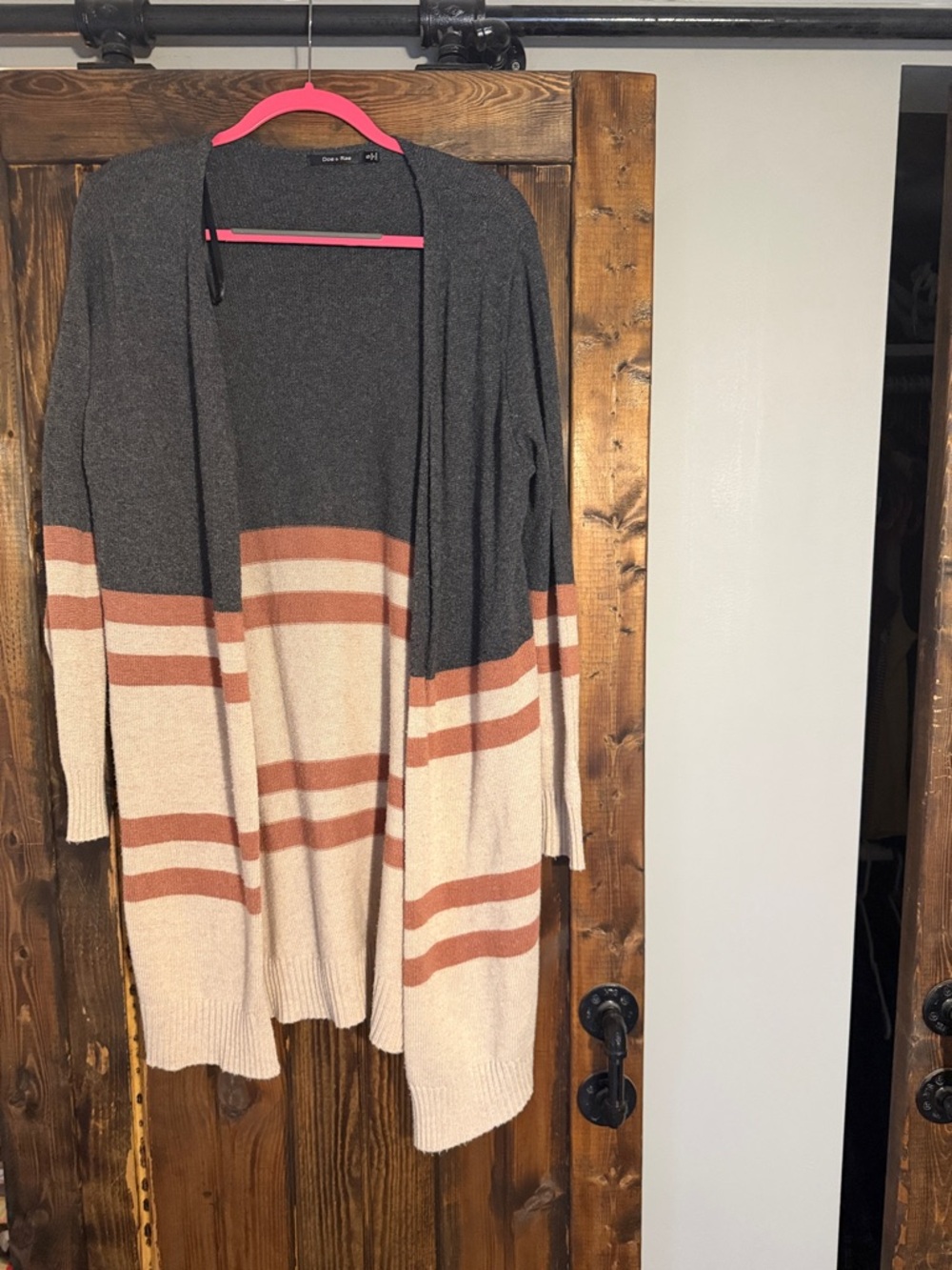 Doe & Rae Open-Front Colorblock Cardigan - Gray, Cream & Rust